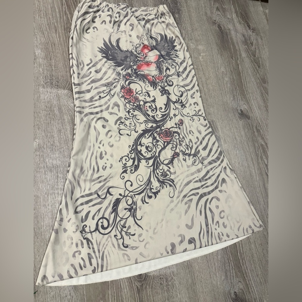 Cider Heart Wings Mermaid Maxi Skirt XL Graphic Tattoo Print - Picture 3 of 5